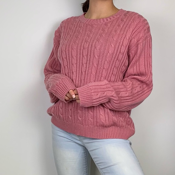Vintage Blush Pink Cable Knit Padded Shoulder Crew Neck Sweater Baxter Wells - Picture 1 of 10